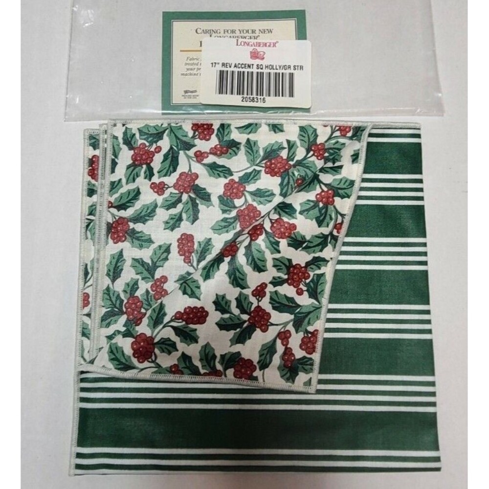 New Longaberger Holly/Green Stripe Accent Reversible Square Liner Square 17"